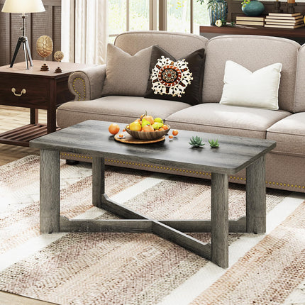 Dreamade Farmhouse Wood Coffee Table Rectangle Center Table with X-Shaped Base & Rubber Wood Frame