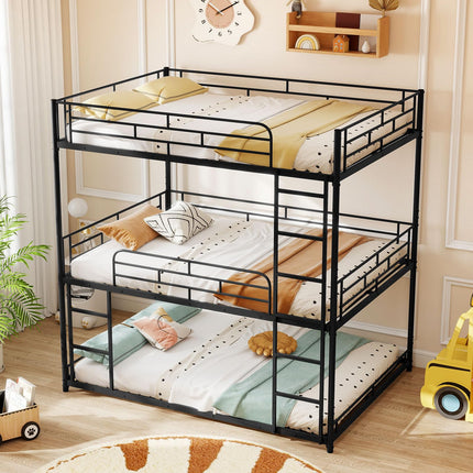 Dreamade Metal Full Over Full Over Full Bunkbeds with Safety Guardrails & 2 Ladders