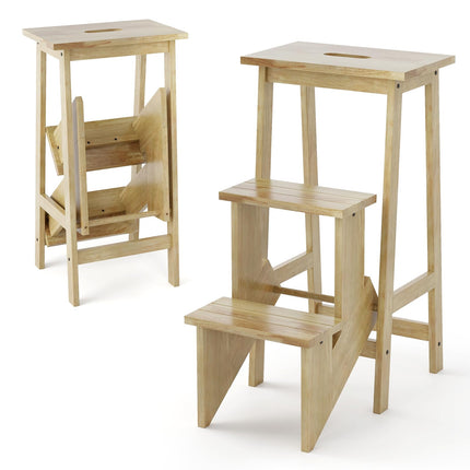 3 Tier Folding Step Ladder, Multifunction 3-in-1 Wood Step Stool