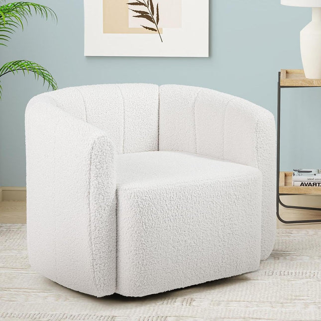 Dreamade 360° Swivel Accent Chair - Sherpa Upholstered Boucle Barrel Club Chair with Padded Armrests