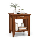 Dreamade Rattan Nightstand with Drawer, Mid Century End Table with Storage Shelf, Sofa Side Table with Solid Rubber Wood Legs