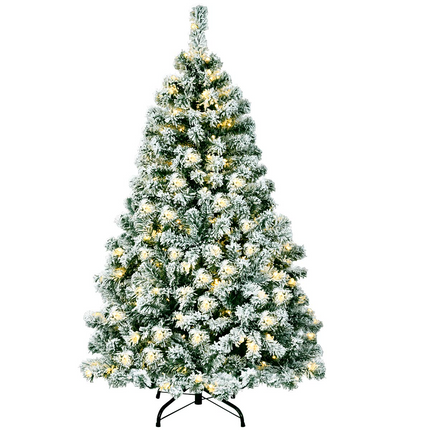 Dreamade 4.5ft / 6 ft / 7.5ft Artificial Snow Flocked Christmas Tree, Pre-Lit Snowy Hinged Xmas Tree with Led Lights and Metal Stand - DreamadeUS