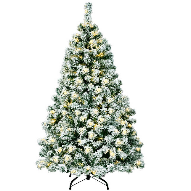 Dreamade 4.5ft / 6 ft / 7.5ft Artificial Snow Flocked Christmas Tree, Pre-Lit Snowy Hinged Xmas Tree with Led Lights and Metal Stand - DreamadeUS