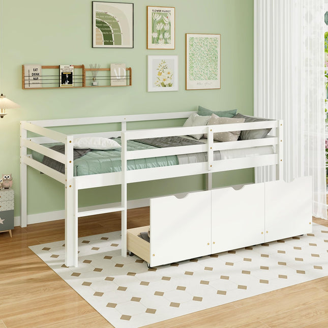Dreamade Twin Low Loft Bed with 3 Drawers, Wooden Loft Bed Frame with Ladder & Full-length Guardrails