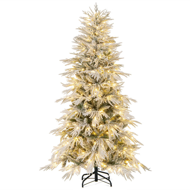 Dreamade 6FT / 7FT / 8FT Pre-Lit Snow Flocked Christmas Tree with PE & PVC Mixed Branch Tips