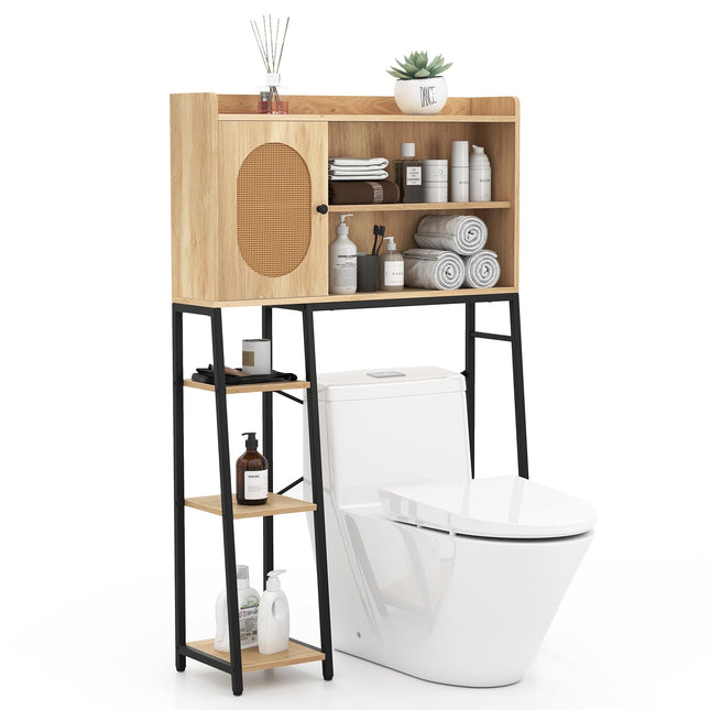 Dreamade Over The Toilet Storage Cabinet, Freestanding Storage Organizer Above Toilet with PE Rattan Door and Adjustable Shelf