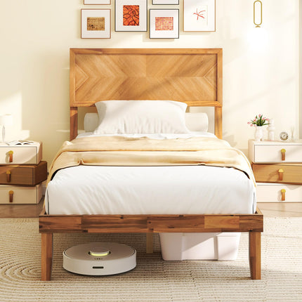 Dreamade Wood Twin Bed/Full Size Bed/Queen Bed Frames with Headboard, Solid Acacia Wood Platform Bed with 12 Strong Wooden Slat Support