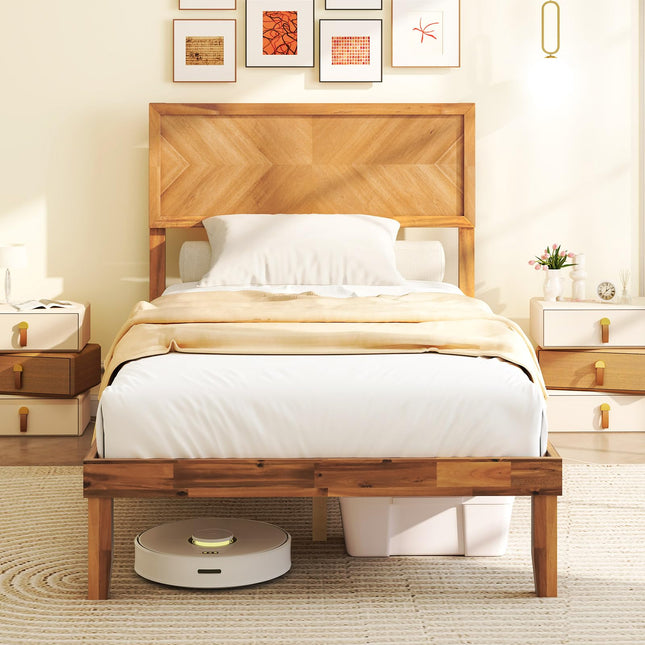 Dreamade Wood Twin Bed/Full Size Bed/Queen Bed Frames with Headboard, Solid Acacia Wood Platform Bed with 12 Strong Wooden Slat Support