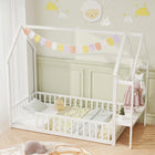 Dreamade Twin House Floor Bed, Solid Wood Montessori Floor Bed with Detachable Storage Shelf & Clothes Hanger