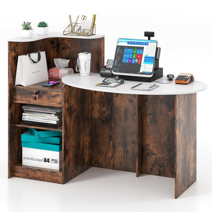 Dreamade Reception Desk, Front Counter Desk with Lockable Drawer, Oval Tabletop & Adjustable Shelf