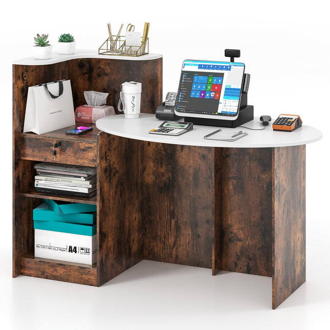Dreamade Reception Desk, Front Counter Desk with Lockable Drawer, Oval Tabletop & Adjustable Shelf
