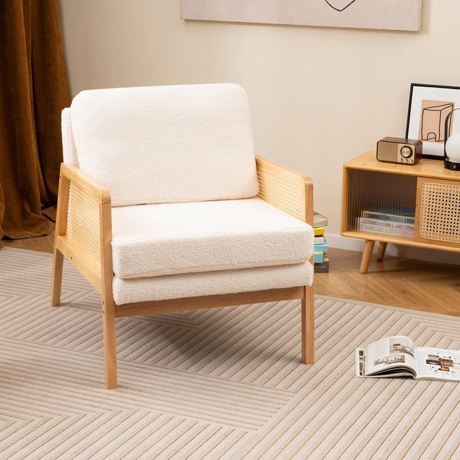 Dreamade Mid Century Modern Accent Chair, Boho Boucle Living Room Arm Chair w/Rattan Arms