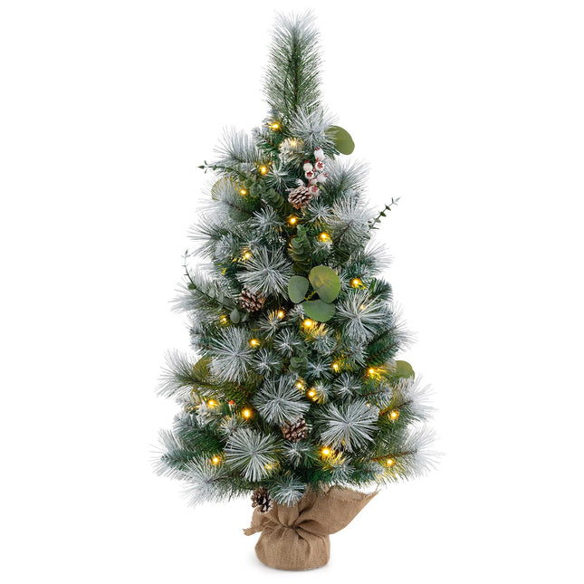Dreamade 3ft Pre-Lit Mini Tabletop Christmas Tree with 30 Warm White LED Lights, Timer, 98 Flocked PVC & Pine Needles