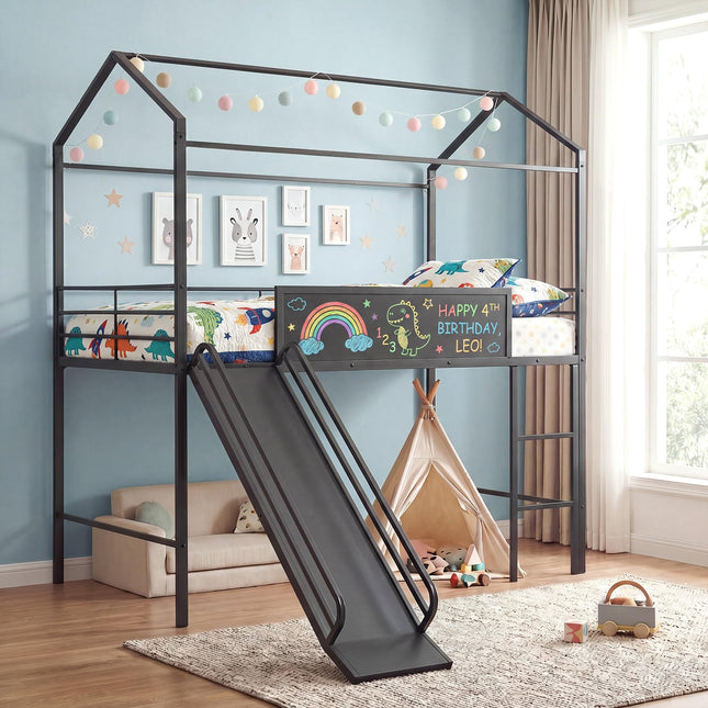 Dreamade Twin Size House Loft Bed | Low Loft Bedframe w/Roof