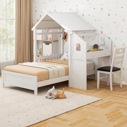 Dreamade Twin House Bed with Desk & Chair, Wood Kids Playhouse Bed with 2 Drawers