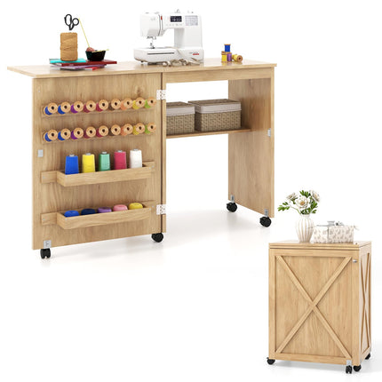 Dreamade Folding Sewing Table - Farmhouse Sewing Machine Cabinet with Barn Door