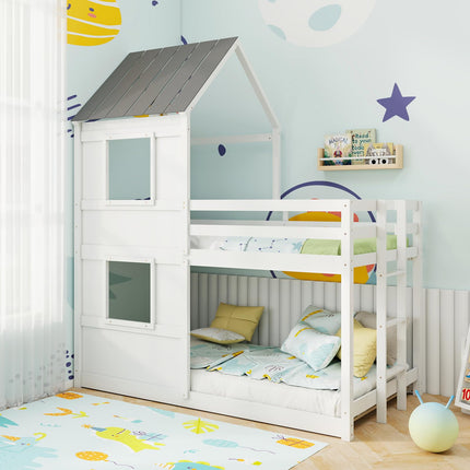 Dreamade House Bunk Bed Twin Over Twin, Solid Wood Floor Bunk Bed with Built in Ladder, Window & Safety Guardrail