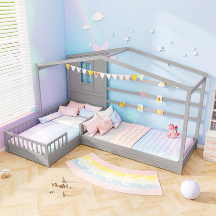 Dreamade Double Twin Beds for Kids, House L-Shaped Platform Beds with Window & Fences