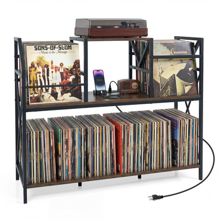 Dreamade Large Record Player Stand with Charging Station & Dividers for Albums