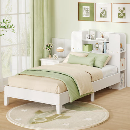 Dreamade Twin Bed Frames for Kids, Wooden Twin Size Bed with Storage Bookcase Headboard