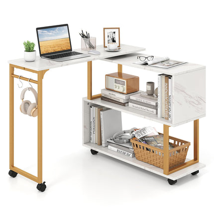 Dreamade 360° Free Rotating Sofa Side Table Modern L Shaped Desk with Storage Bookcase