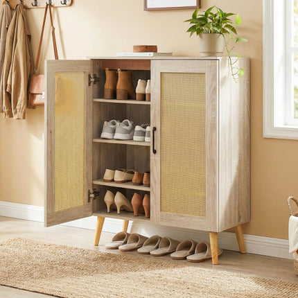 Dreamade Shoe Cabinet with Doors 4-Tier Rattan Shoe Rack Organizer Cabinet(Rattan Door)