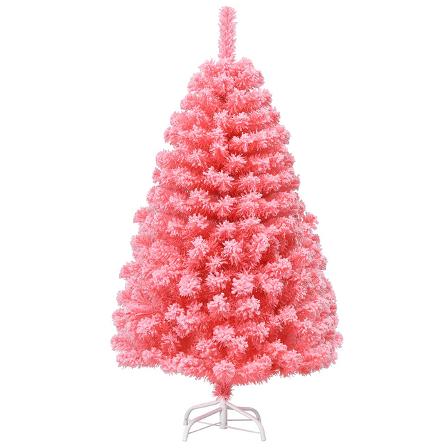 Dreamade 4.5ft Pink Artificial Christmas Tree, Unlit Hinged Snow Flocked Xmas Tree w/ 348 PVC Branch Tips & Metal Stand - DreamadeUS