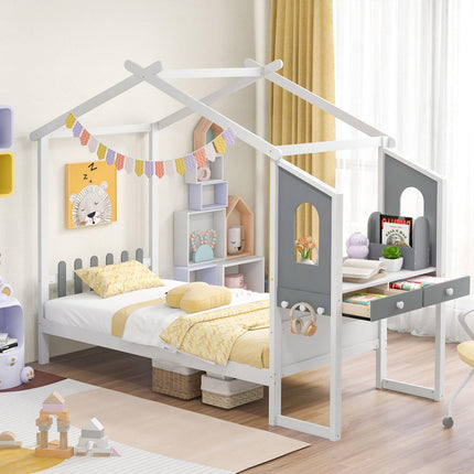 Dreamade Full/ Twin Size House Bed with Study Desk