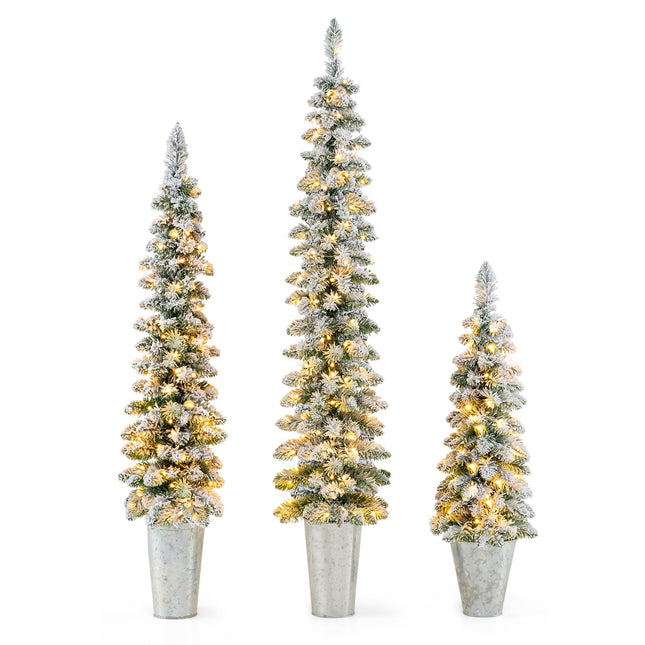Dreamade 3' 4' 5' Pre-Lit Snow Flocked Christmas Tree Set of 3, Slim Pencil Artificial Potted Xmas Trees with 423 Branch Tips