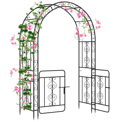 Dreamade Garden Arbor with Gate, 84" H x 54" W Metal Arch Trellis for Climbing Plants Rose Vines