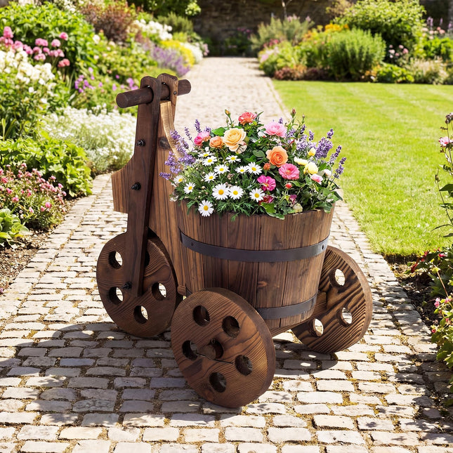 Dreamade Wooden Wagon Planter with Wheels Rustic Wood Plant Stand(Solid Wheel)