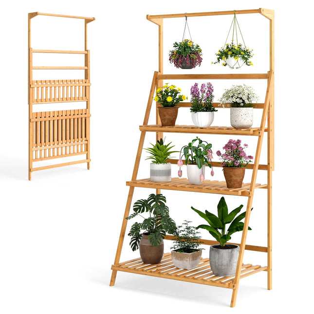 Dreamade Plant Stand Indoor Outdoor - Bamboo 3-Tier Hanging Tall Ladder Flower Pot Display Organizer Rack