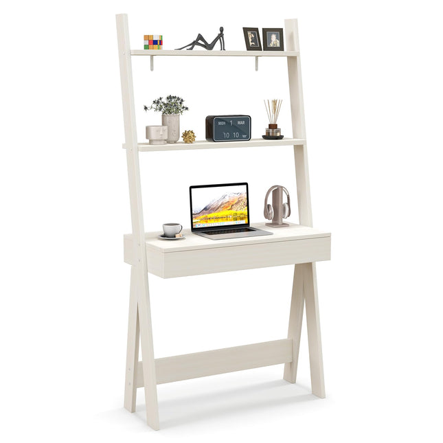 Dreamade 3 Tier Ladder Desk with Drawer, 33’’ Width Ladder Shelf with Anti-tipping Device, Freestanding Bookshelf