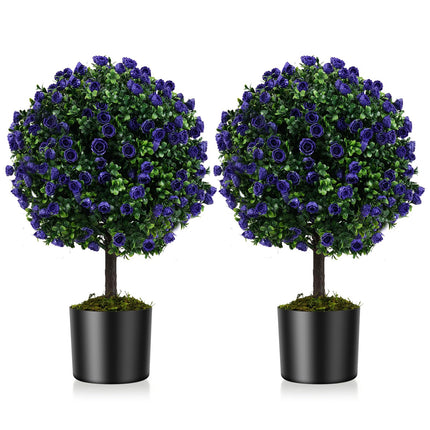Dreamade 22'' Artificial Purple Rose Topiary Ball Tree Set of 2 Faux Potted Plants Artificial Shrubs Bushes with Flowers
