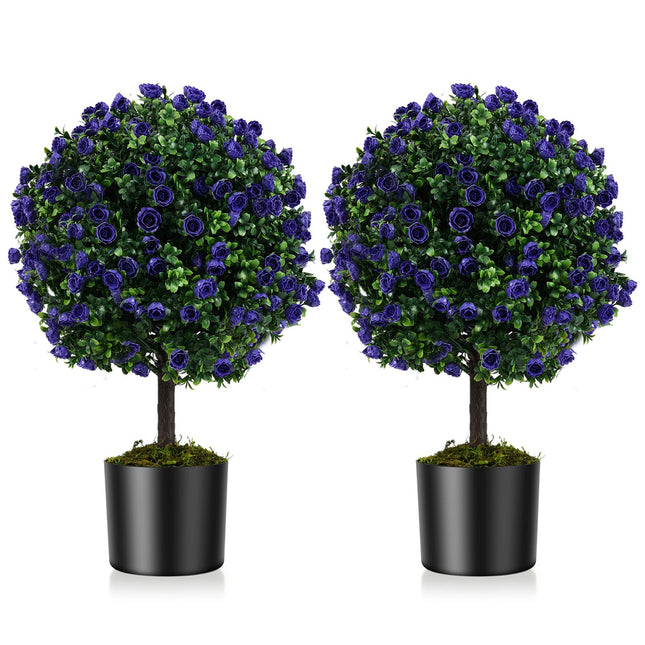 Dreamade 22'' Artificial Purple Rose Topiary Ball Tree Set of 2 Faux Potted Plants Artificial Shrubs Bushes with Flowers