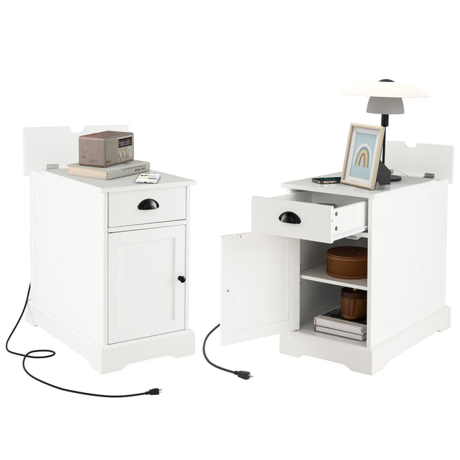 Dreamade End Table with Charging Station Set of 2, Flip Top Side Table with USB Ports and Outlets, White