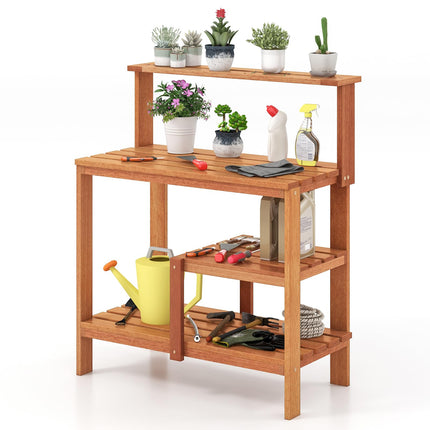 Dreamade 4-Tier Potting Bench, Solid Wood Gardening Workstation w/Open Storage Shelves