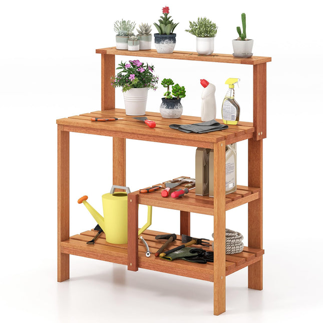 Dreamade 4-Tier Potting Bench, Solid Wood Gardening Workstation w/Open Storage Shelves
