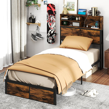Dreamade King/Queen/Twin Size Bed Frame with Storage Headboard and Charging Station, Industrial Metal Platform Bed