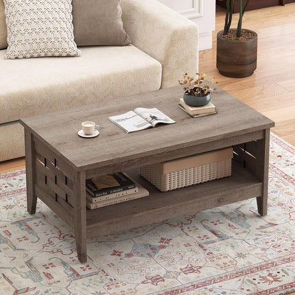 Dreamade 2-Tier Farmhouse Coffee Table with Open Shelf and Woven Decorations for Living Room