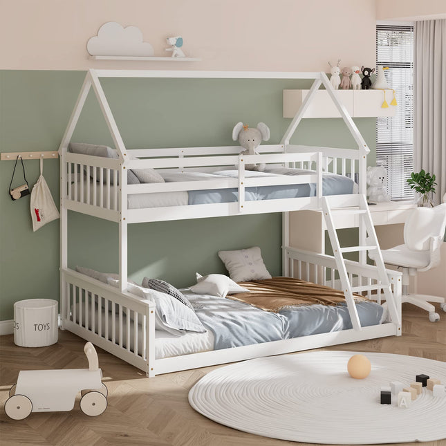 Dreamade Twin Over Full House Bunk Bed, Floor Low Bunk Bed Frame w/Integrated Ladder & Safety Guardrails