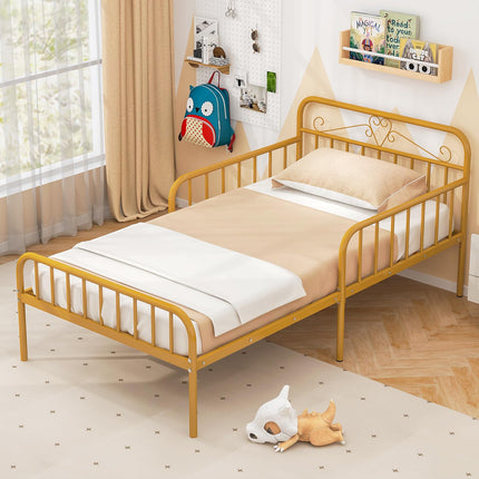 Dreamade Metal Twin Bed Frames for Kids, Heavy Duty Metal Platform Bed Frame with Headboard & Safety Guardrails