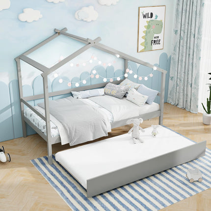 Dreamade Wood House Bed for Kids, Twin Bed Frame with Trundle Bed Twin