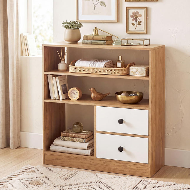 Dreamade 4-Tier Freestanding Bookcase w/3 Open Compartments & 2 Detachable Fabric Drawers