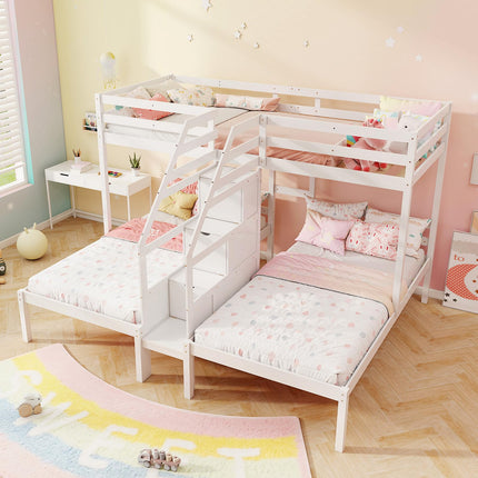 Dreamade Twin Over Twin & Twin Bunk Bed, Triple Bunk Beds with 4-Step Storage Stair, Wooden 3 Bunk Beds for Kids Teens