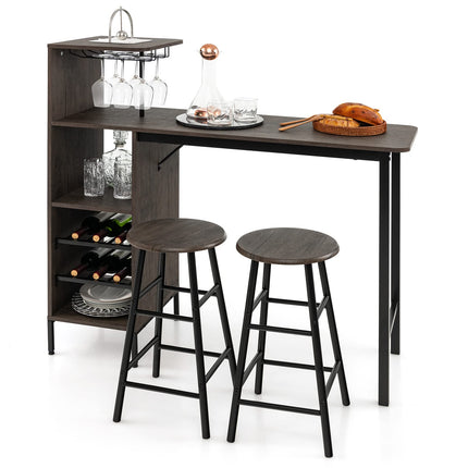 Dreamade 3 Pieces Bar Table and Stools Set, Bistro Table Set with Glass Holder (Brown)