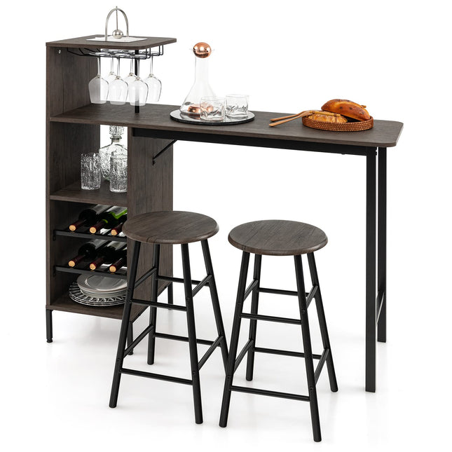 Dreamade 3 Pieces Bar Table and Stools Set, Bistro Table Set with Glass Holder (Brown)