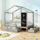 Dreamade Twin Bed with 2 Storage Drawers, Solid Wood House Bed with Blackboard & Safety Guardrails