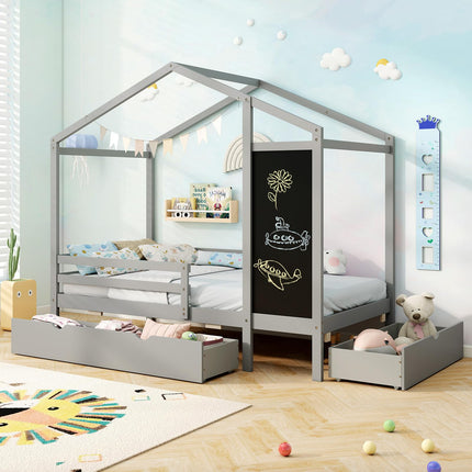 Dreamade Twin Bed with 2 Storage Drawers, Solid Wood House Bed with Blackboard & Safety Guardrails