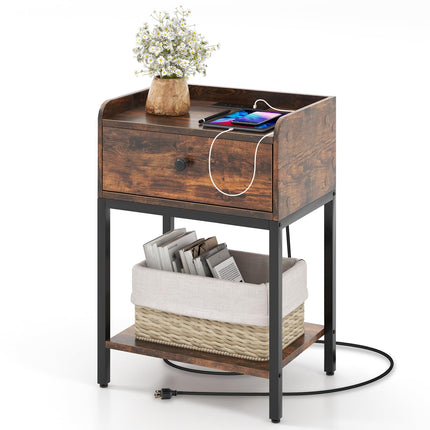 Dreamade Nightstand with Charging Station, Industrial Bedside Table with Storage Drawer & Open Shelf